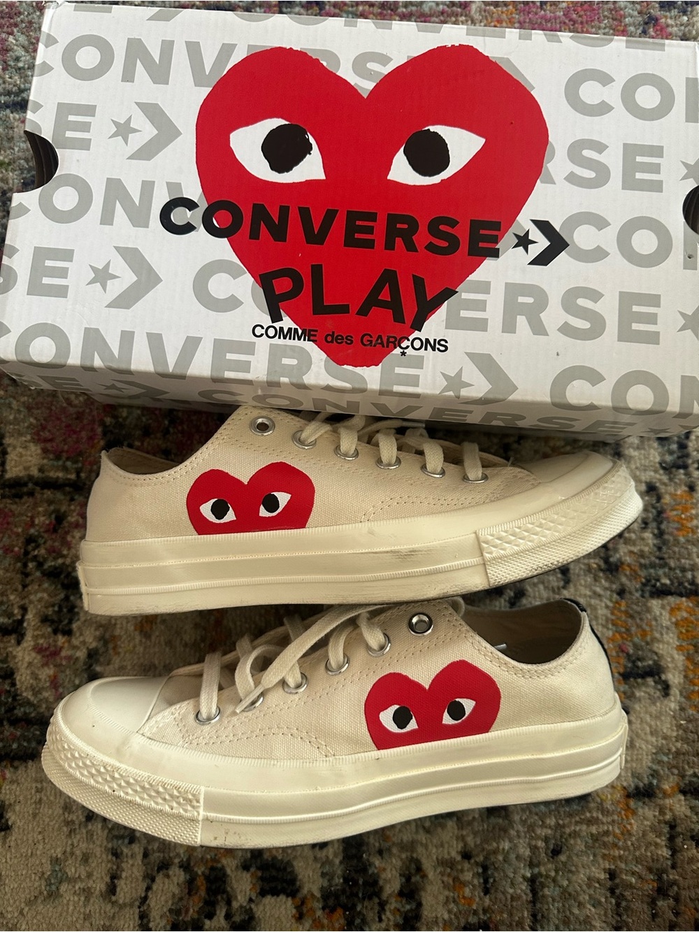 Converse Play x Comme des Garçons Womens Size 8 Cream Sneakers with Red Heart